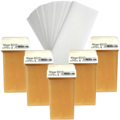 Pack of 5pcs 50ml roll on wax+ 50pcs strips, PINK or HONEY